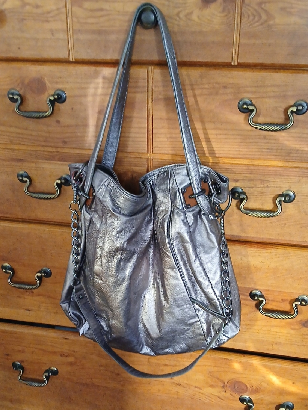 Elliot Luca Leather Metallic Silver Shoulder Bag with Chain Accents
